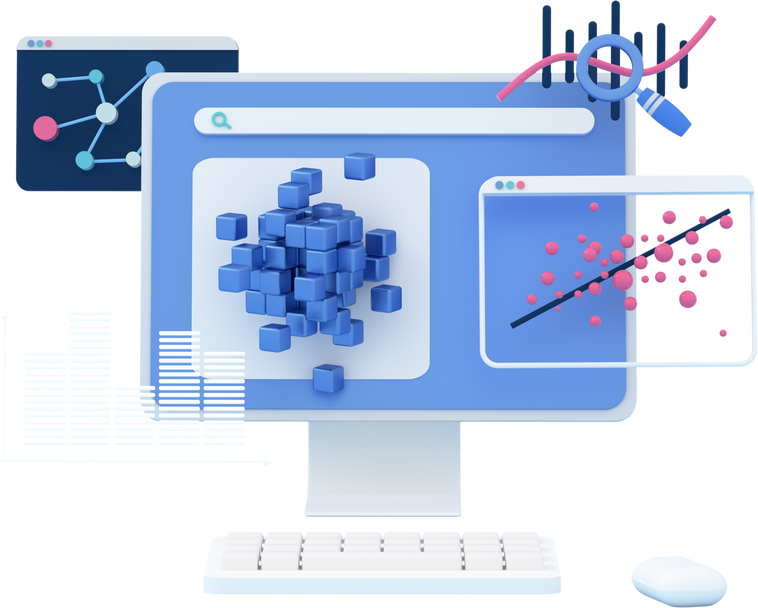 3d concept of data science and analytics, including big data, machine learning, data visualization, and predictive analytics. Desktop with  analytic graphics. 3d render illustration